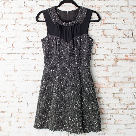 bebe Dresses & Skirts - bebe Black Metallic Tweed Fit Flare Dress Size 2 Sleeveless Exposed Zip Fringe